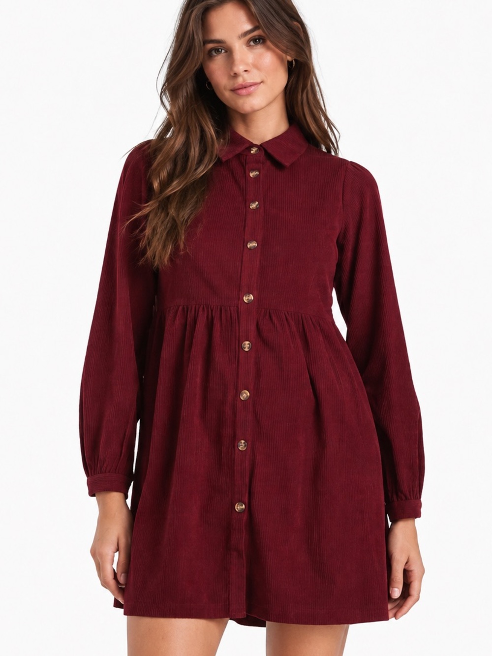 ASOS DESIGN Burgundy Corduroy Button Front Smock Mini Dress Size 12